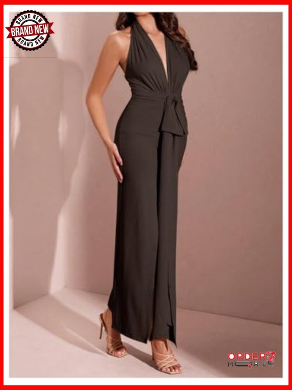 Deep V Neck Halter Maxi Dress with Bow Tie Front Split - Picture 2 of 5